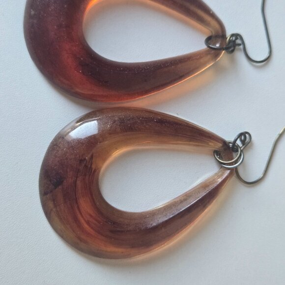 Vintage Brown Marbled Oval Lucite Drop Earrings - Picture 6 of 6